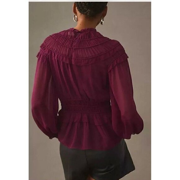 Farm Rio Ruffled Sheer Smocked Blouse Burgundy Maroon NWOT - Picture 2 of 12